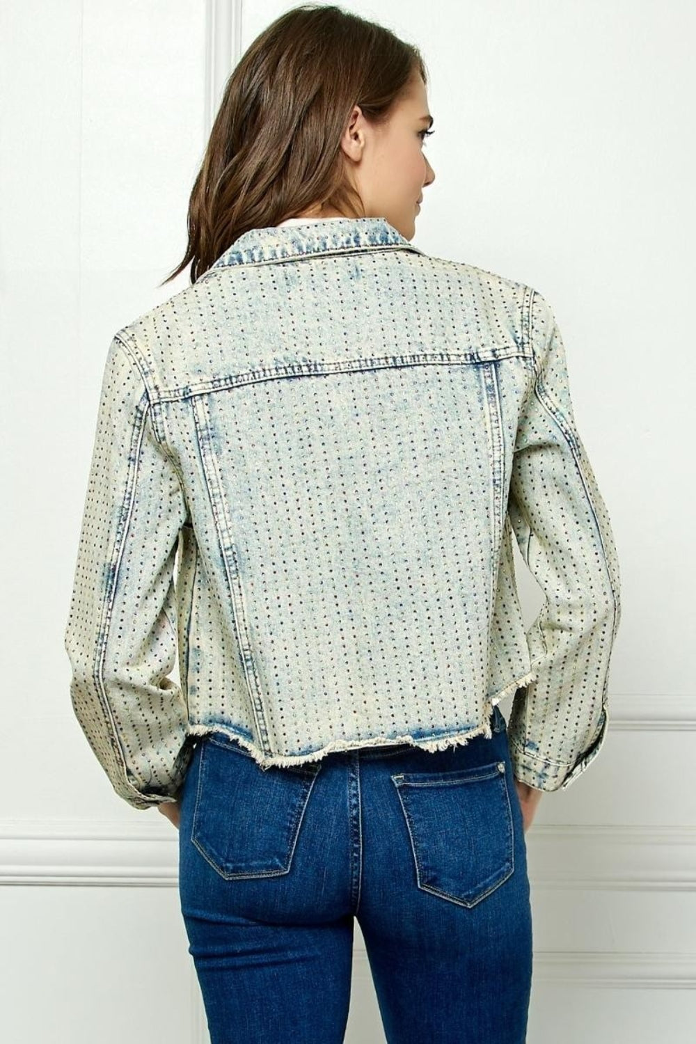 Veveret Multi Color Stripe Rhinestone Raw Hem Denim Jacket