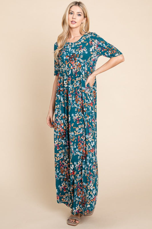 BOMBOM Printed Shirred Maxi Dress